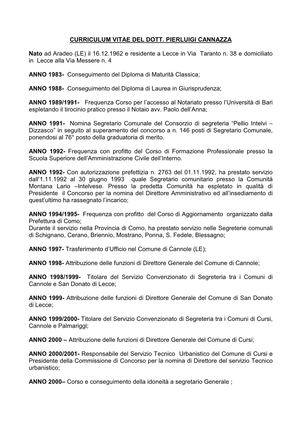 Curriculum Vitae Del Dott. Pierluigi Cannazza