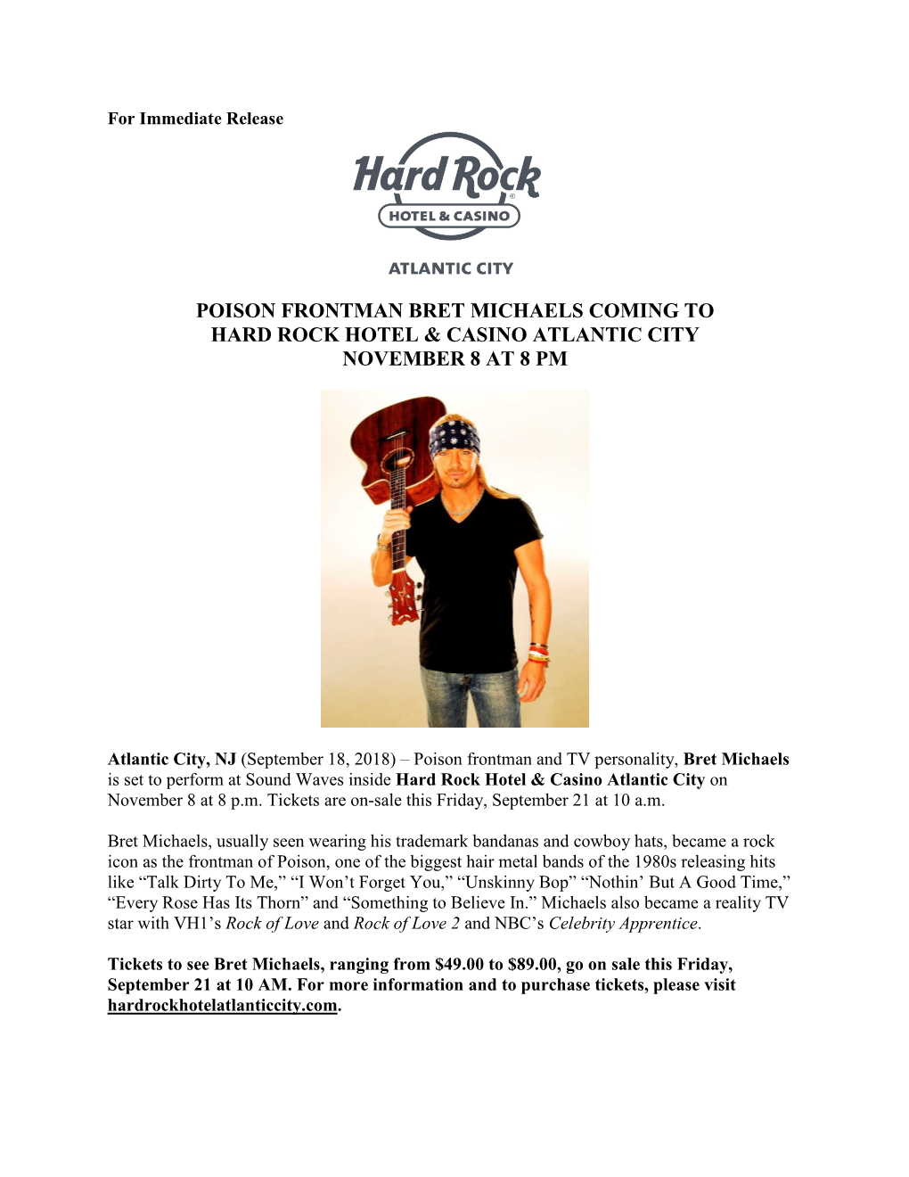 Poison Frontman Bret Michaels Coming to Hard Rock Hotel & Casino Atlantic City November 8 at 8 Pm