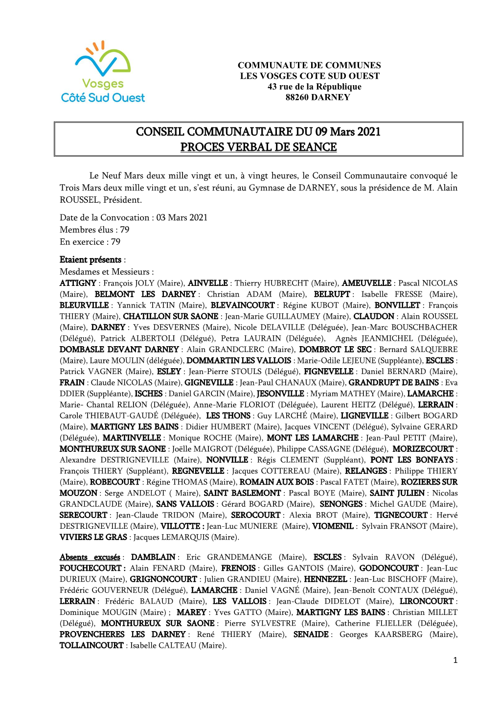 CONSEIL COMMUNAUTAIRE DU 09 Mars 2021 PROCES VERBAL DE SEANCE