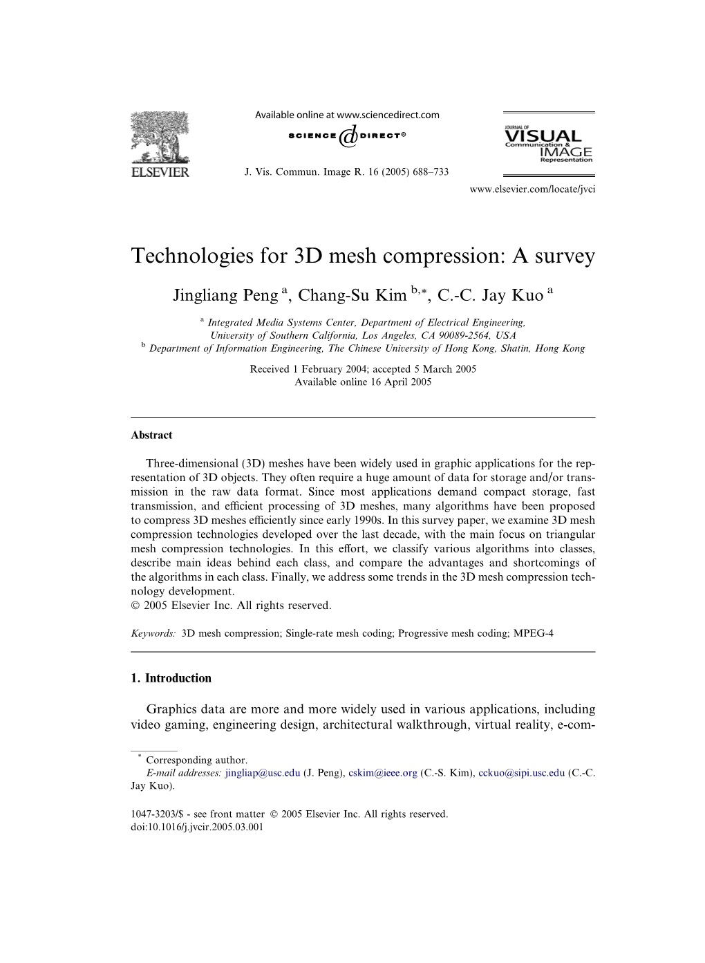 Technologies for 3D Mesh Compression: a Survey