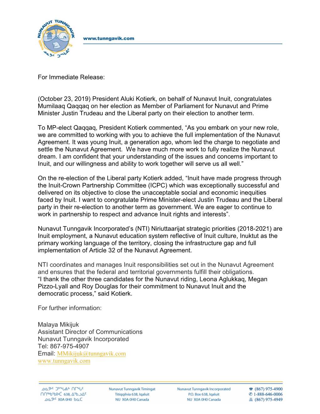 (October 23, 2019) President Aluki Kotierk, on Behalf of Nunavut Inuit, Congratulates Mumilaaq Qaqqaq On