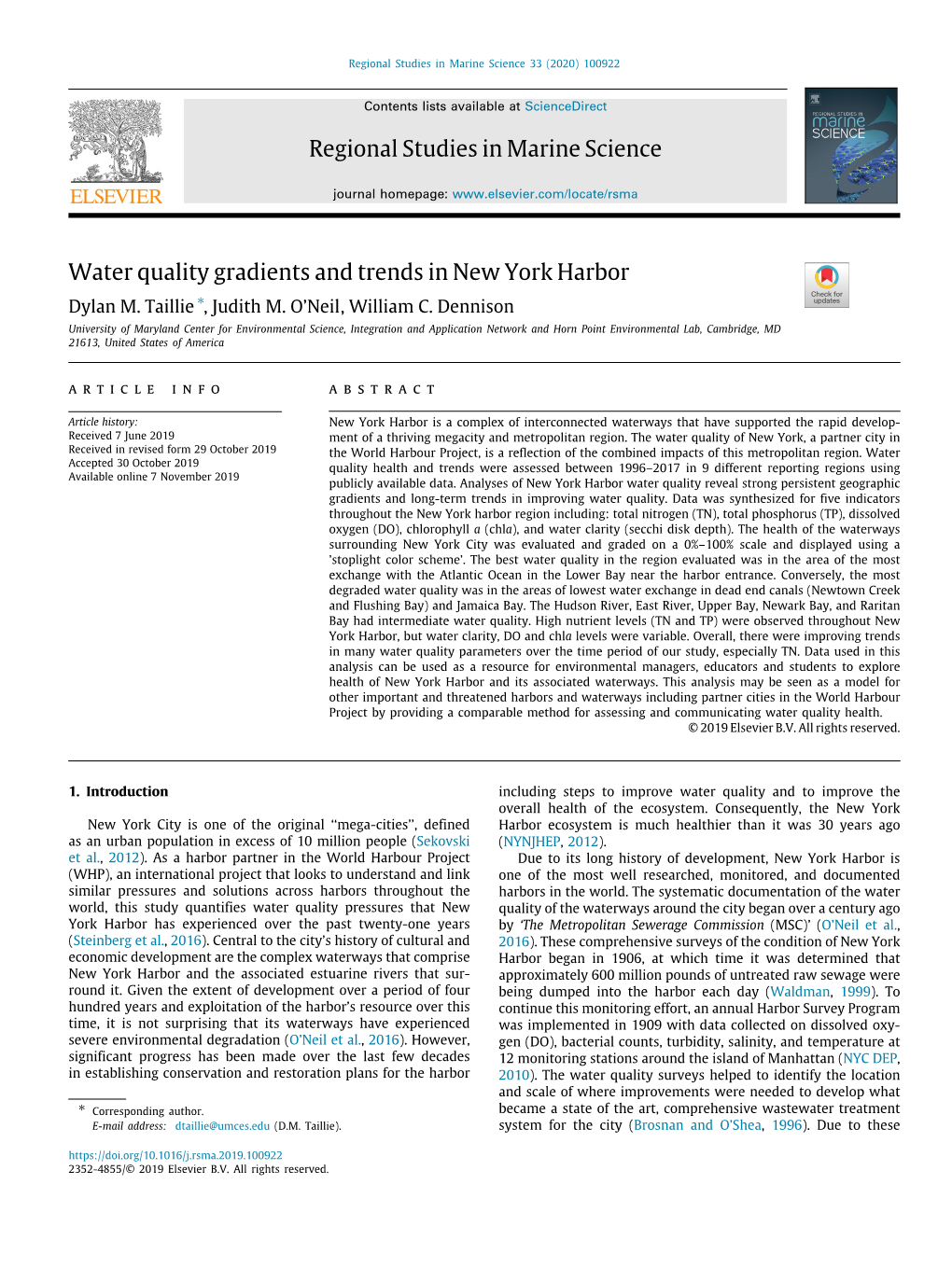 Water Quality Gradients and Trends in New York Harbor ∗ Dylan M