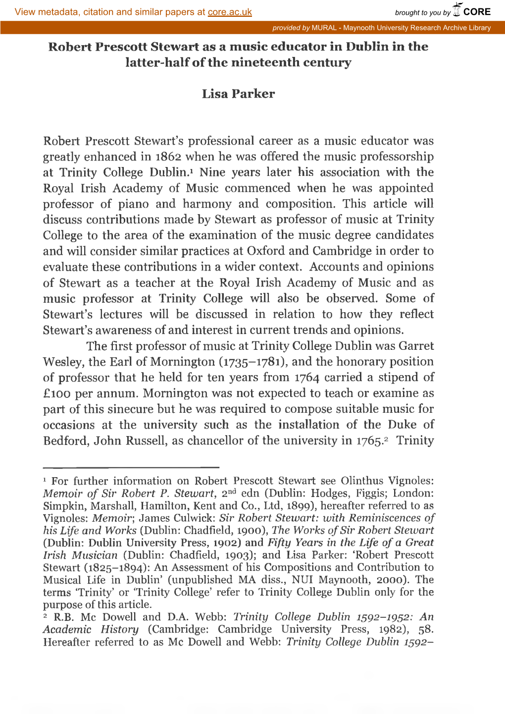 Robert Prescott Stewart As a Music Educator in Dublin in the Latter-Half of the Nineteenth Century