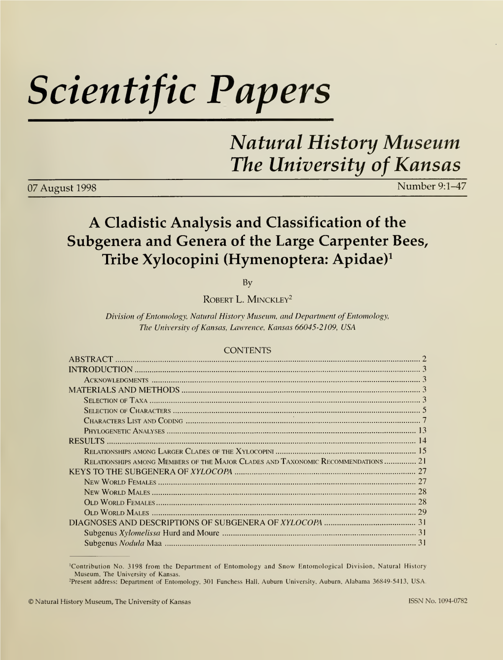 A Cladistic Analysis and Classification of the Subgenera and Genera of the Large Carpenter Bees, Tribe Xylocopini (Hymenoptera: Apidae)^