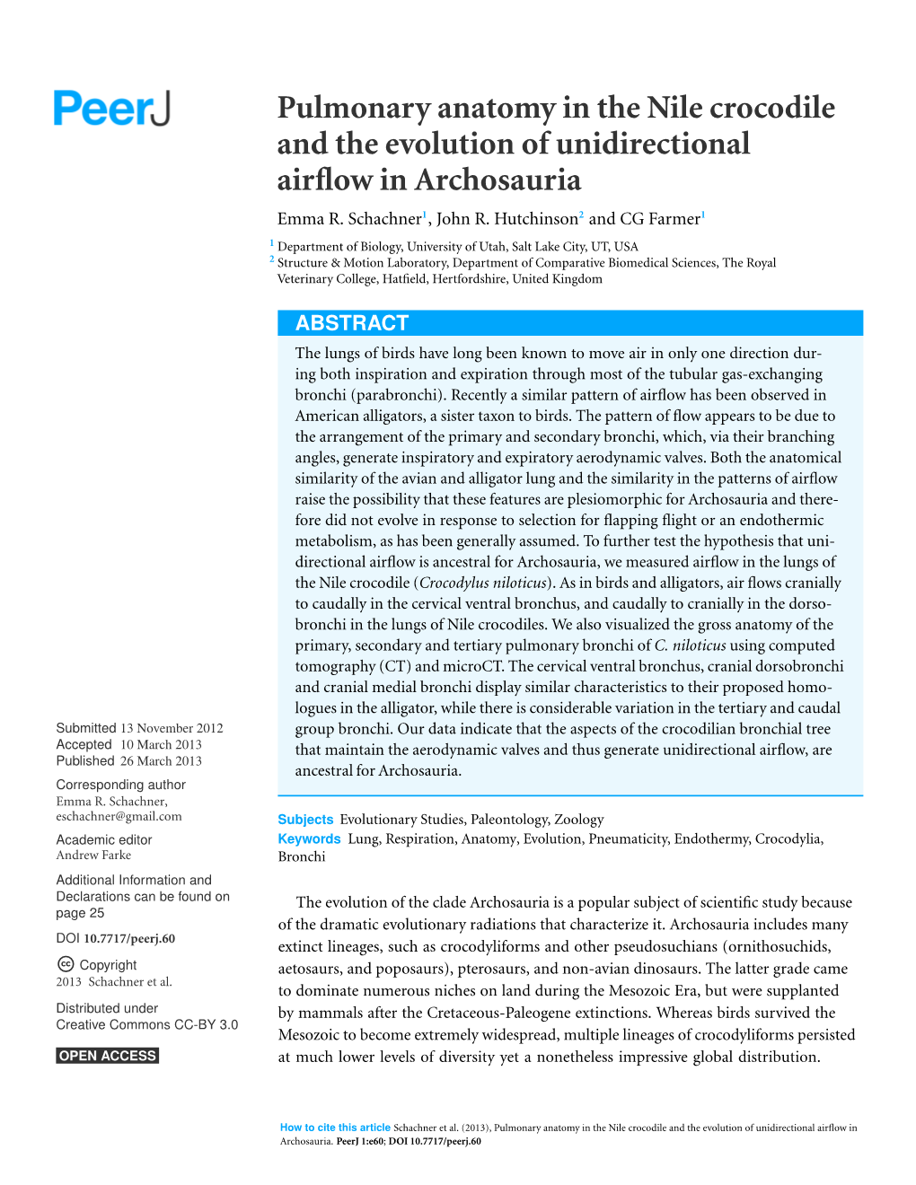 Pulmonary Anatomy in the Nile Crocodile and the Evolution of Unidirectional Airﬂow in Archosauria Emma R