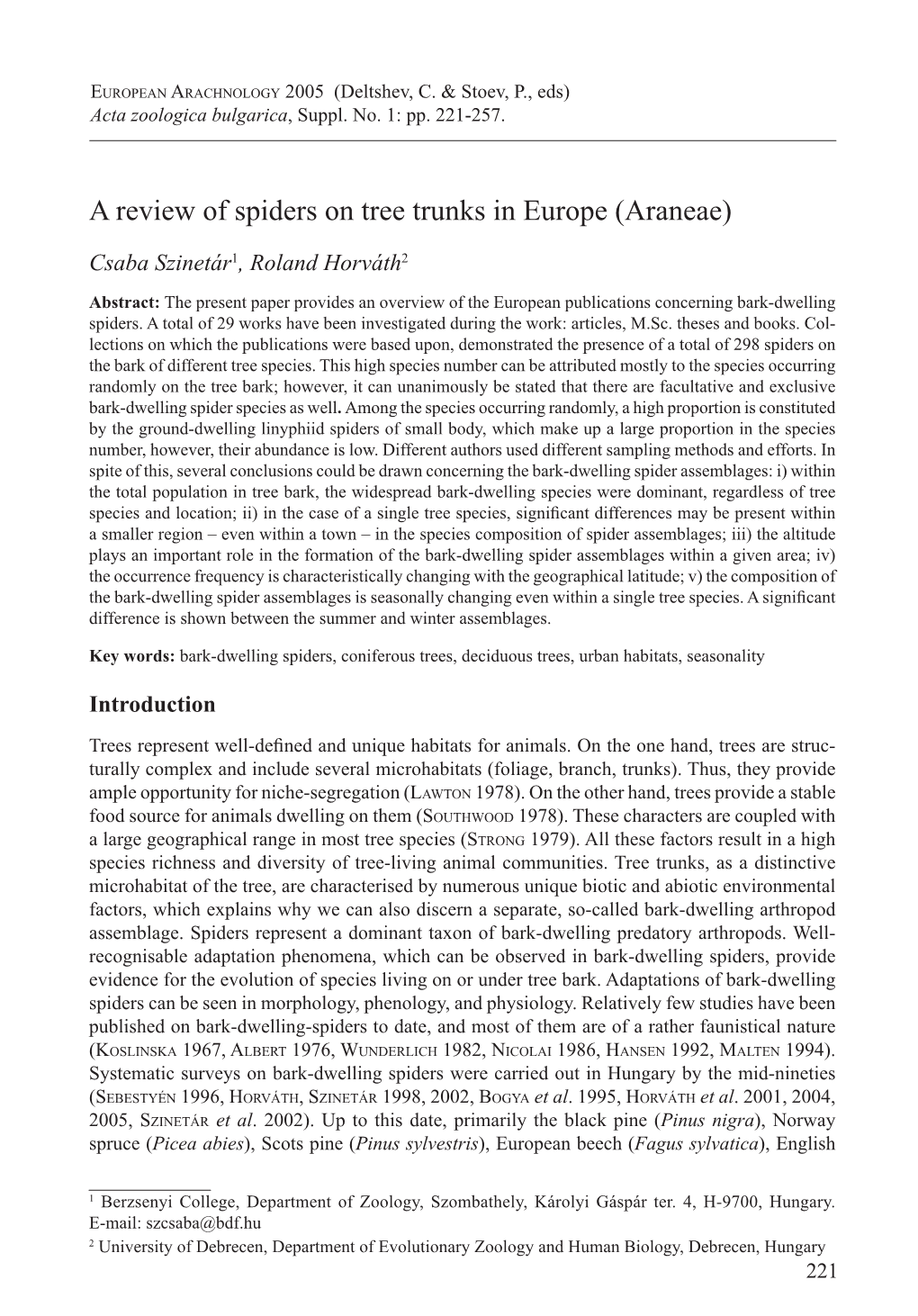 A Review of Spiders on Tree Trunks in Europe (Araneae)