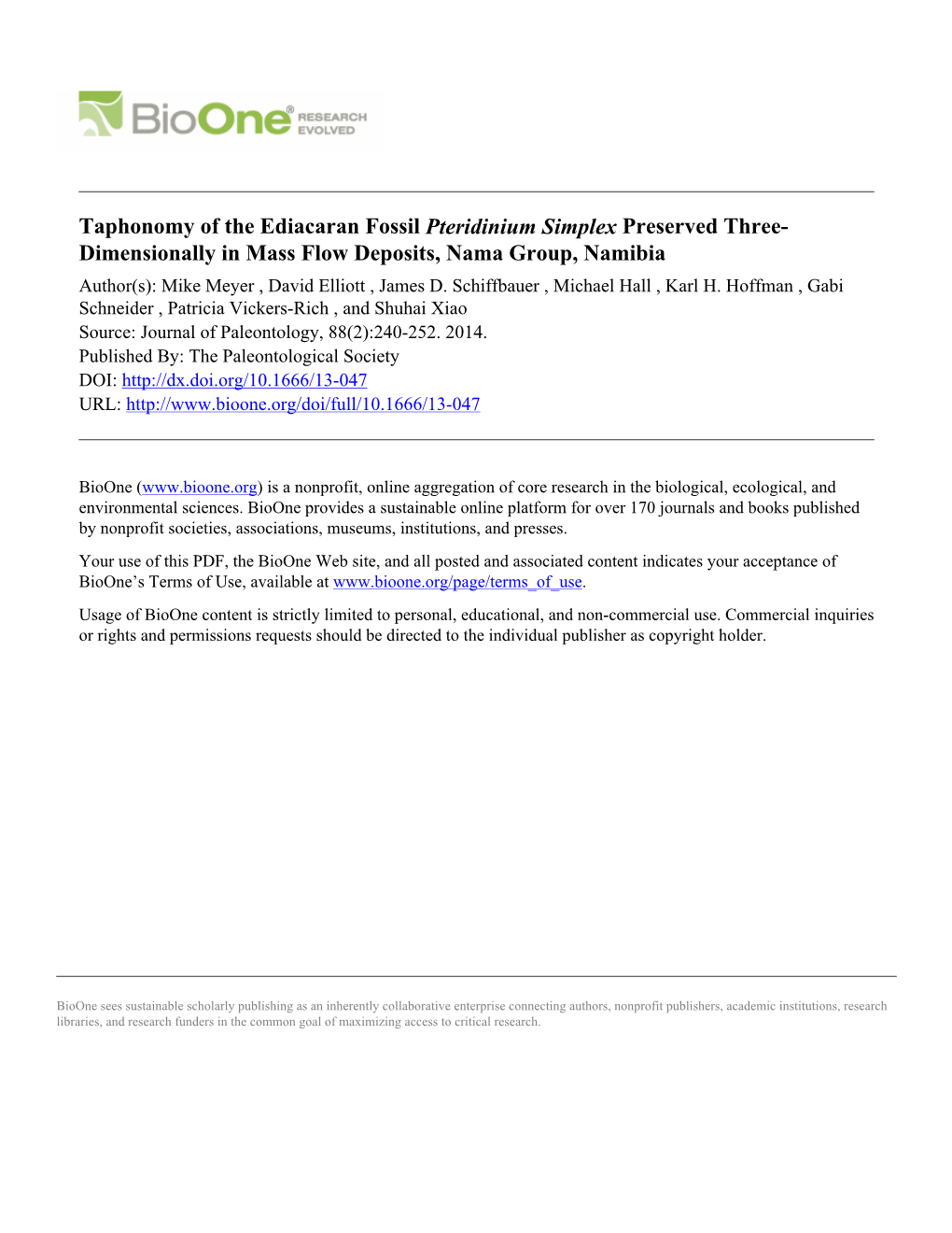 Taphonomy of the Ediacaran Fossil Pteridinium Simplex Preserved Three