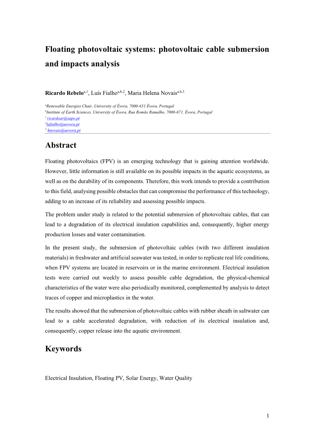 Floating Photovoltaic Systems: Photovoltaic Cable Submersion and Impacts Analysis