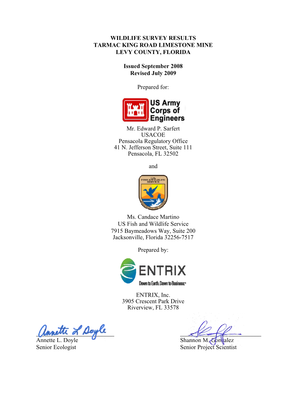 Wildlife Survey Results, Tarmac King Road Limestone Mine, Levy County