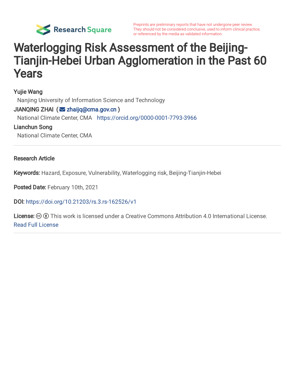 Waterlogging Risk Assessment of the Beijing-Tianjin- Hebei Urban Agglomeration in the Past 60 Years