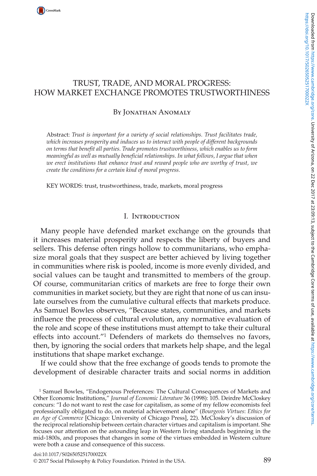 Trust, Trade, and Moral Progress: How Market Exchange Promotes Trustworthiness