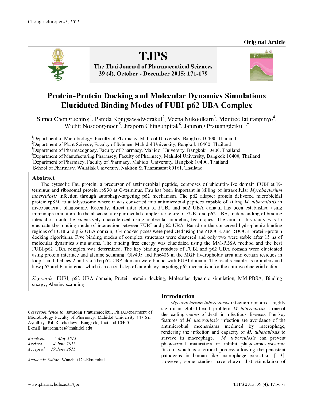 Protein-Protein Docking and Molecular Dynamics Simulations Elucidated Binding Modes of FUBI-P62 UBA Complex