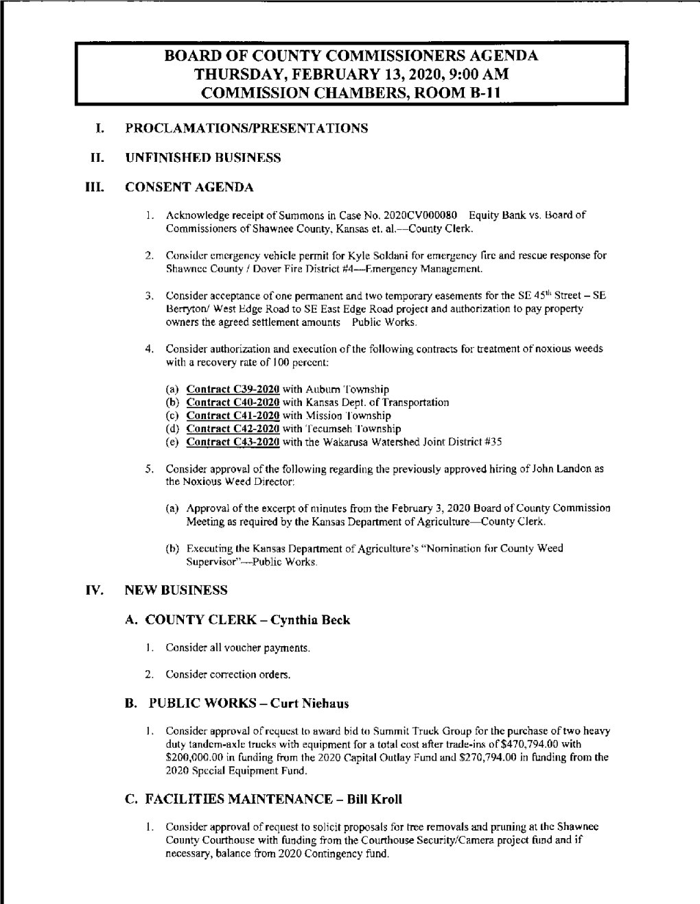 Board of County Commissioners Agenda Thursday, February 13, 2020, 9:00Am Commission Chambers, Room B-11