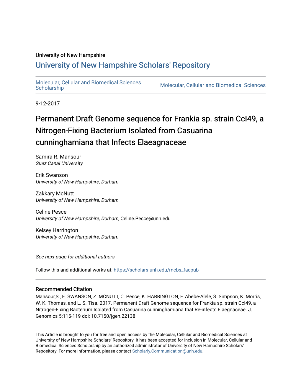 Permanent Draft Genome Sequence for Frankia Sp. Strain Cci49, a Nitrogen-Fixing Bacterium Isolated from Casuarina Cunninghamiana That Infects Elaeagnaceae