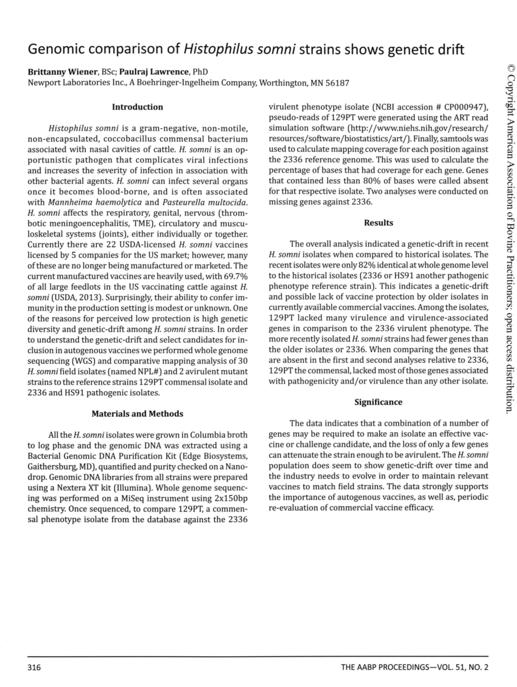 Genomic Comparison of Histophilus Somni Strains Shows Genetic Drift