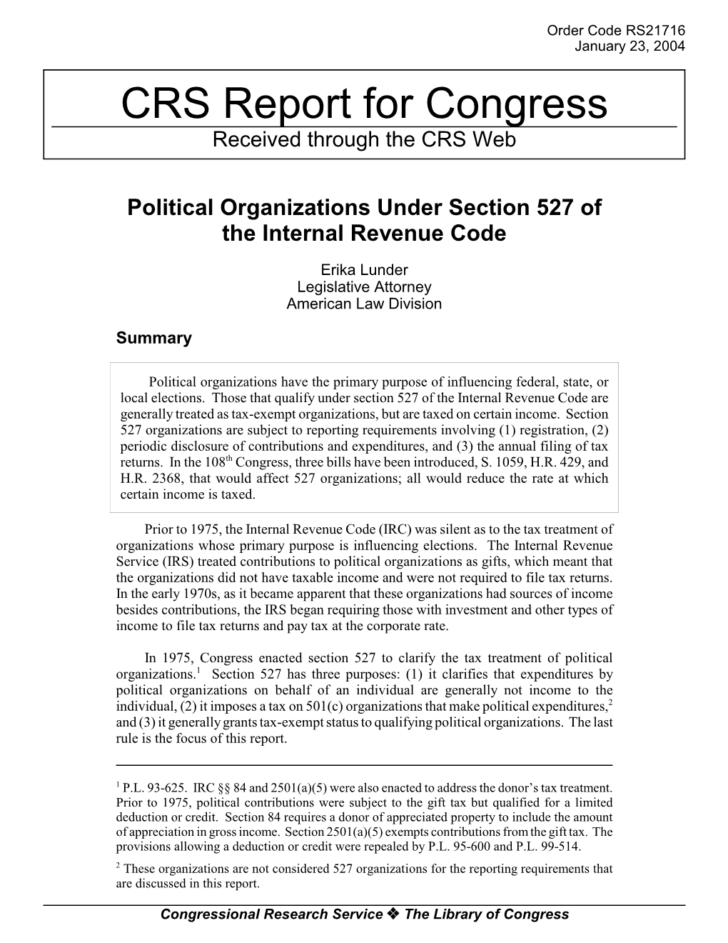 Political Organizations Under Section 527 of the Internal Revenue Code