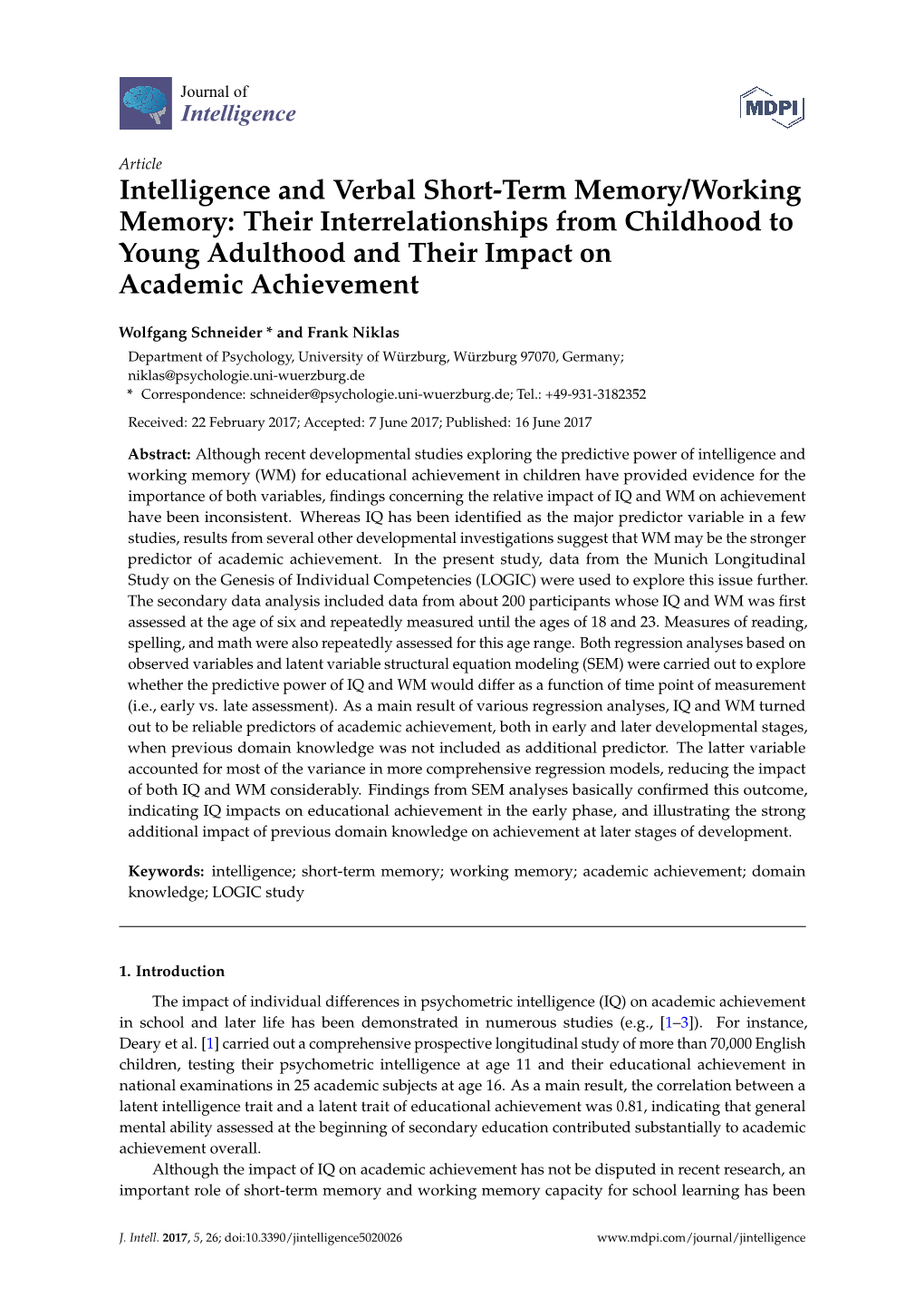 Intelligence and Verbal Short-Term Memory/Working Memory: Their Interrelationships from Childhood to Young Adulthood and Their Impact on Academic Achievement