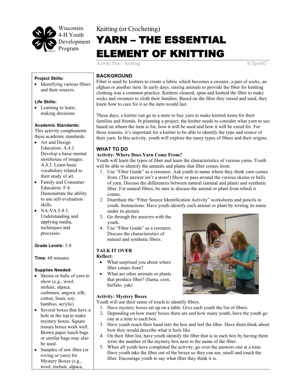 YARN – the ESSENTIAL Program ELEMENT of KNITTING Activity Plan – Knitting Actpa082