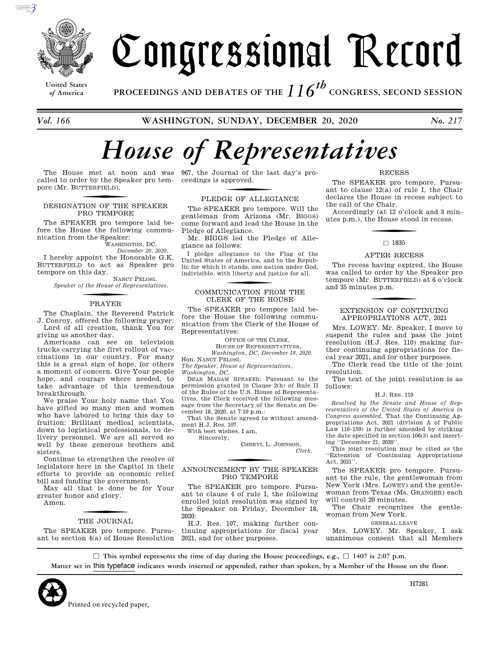 Congressional Record United States Th of America PROCEEDINGS and DEBATES of the 116 CONGRESS, SECOND SESSION