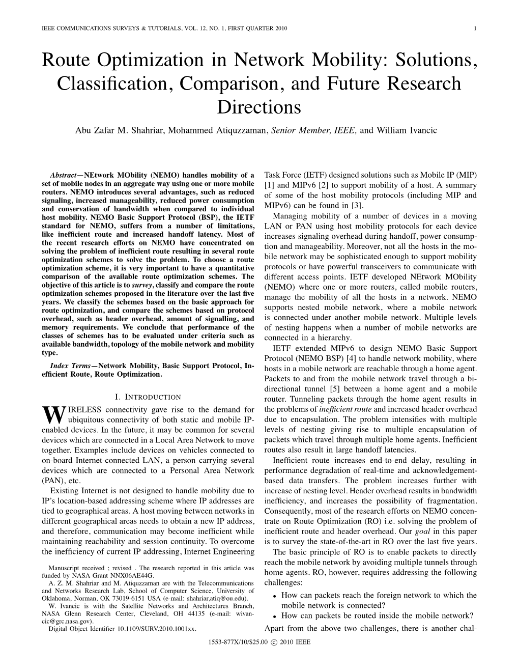 Route Optimization in Network Mobility: Solutions, Classiﬁcation, Comparison, and Future Research Directions Abu Zafar M