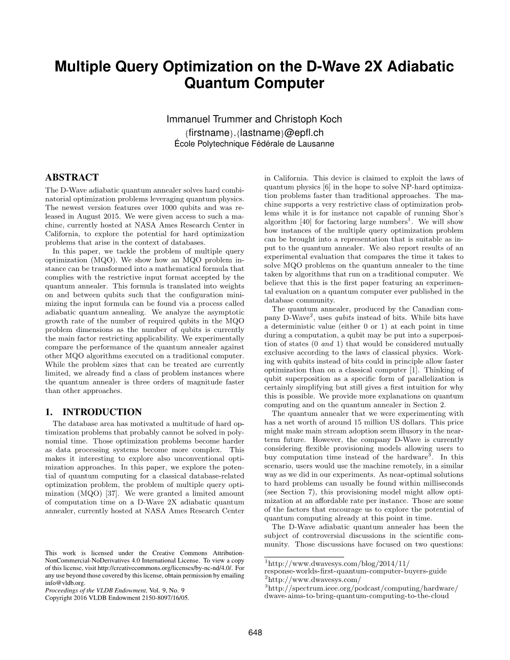 Multiple Query Optimization on the D-Wave 2X Adiabatic Quantum Computer