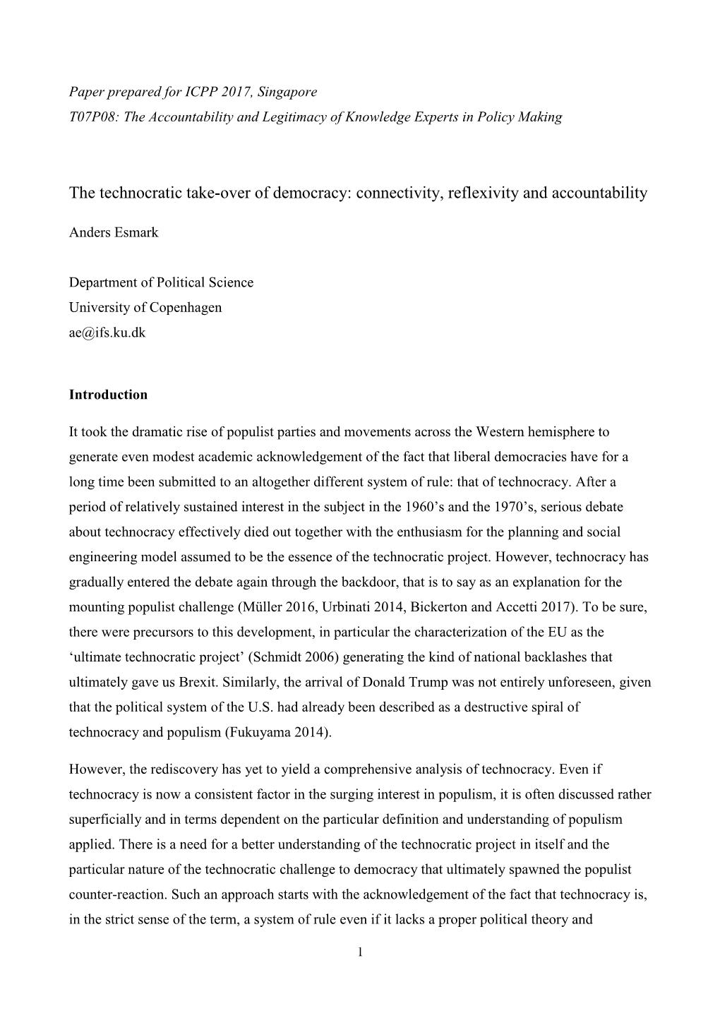 The Technocratic Take-Over of Democracy: Connectivity, Reflexivity and Accountability