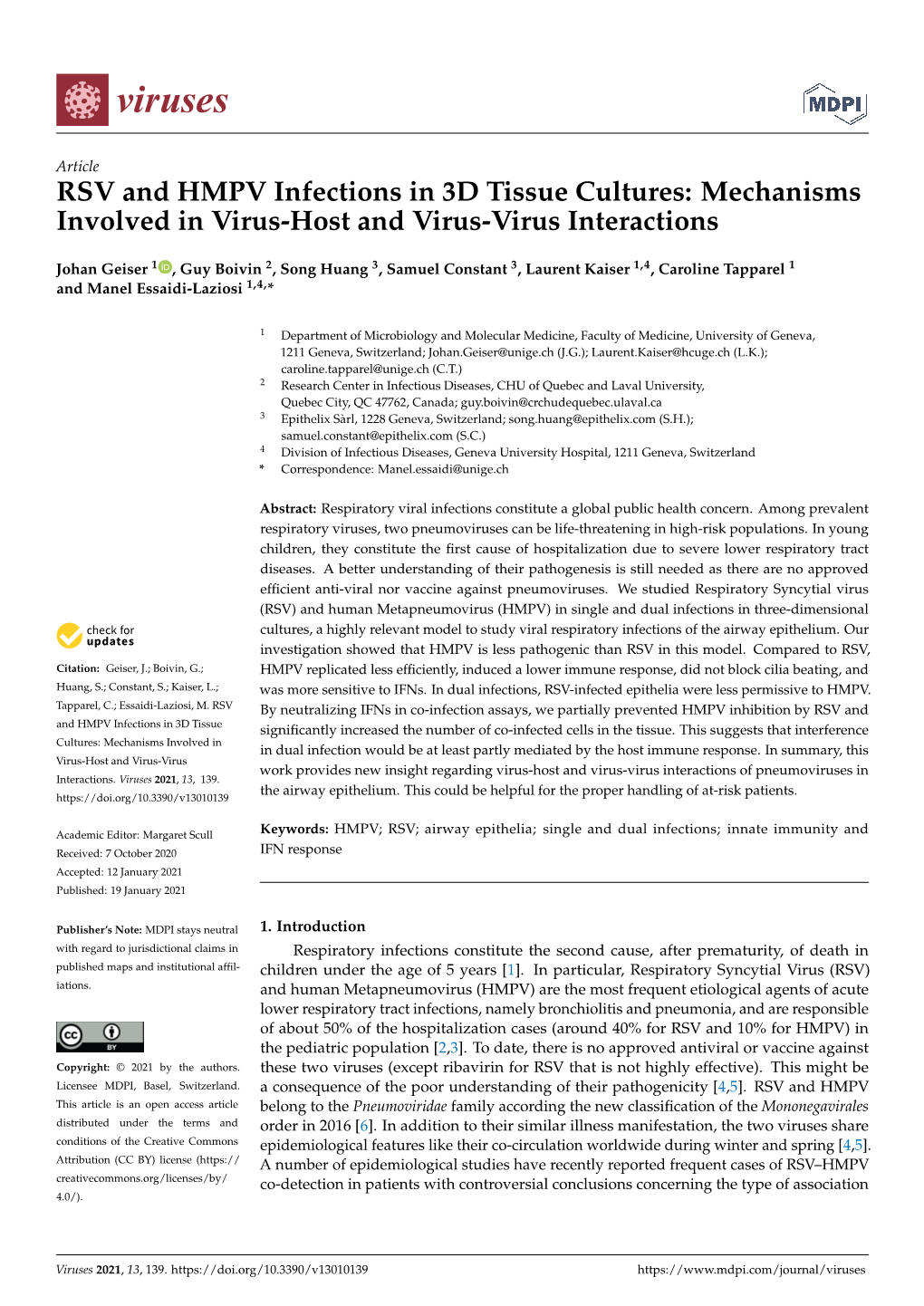 RSV and HMPV Infections in 3D Tissue Cultures: Mechanisms Involved in Virus-Host and Virus-Virus Interactions