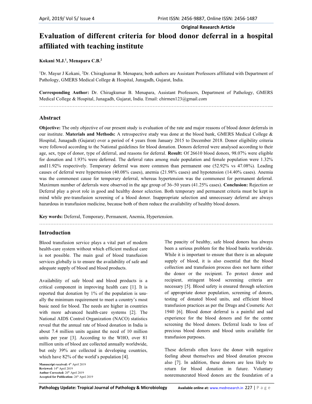 Evaluation of Different Criteria for Blood Donor Deferral in a Hospital Affiliated with Teaching Institute