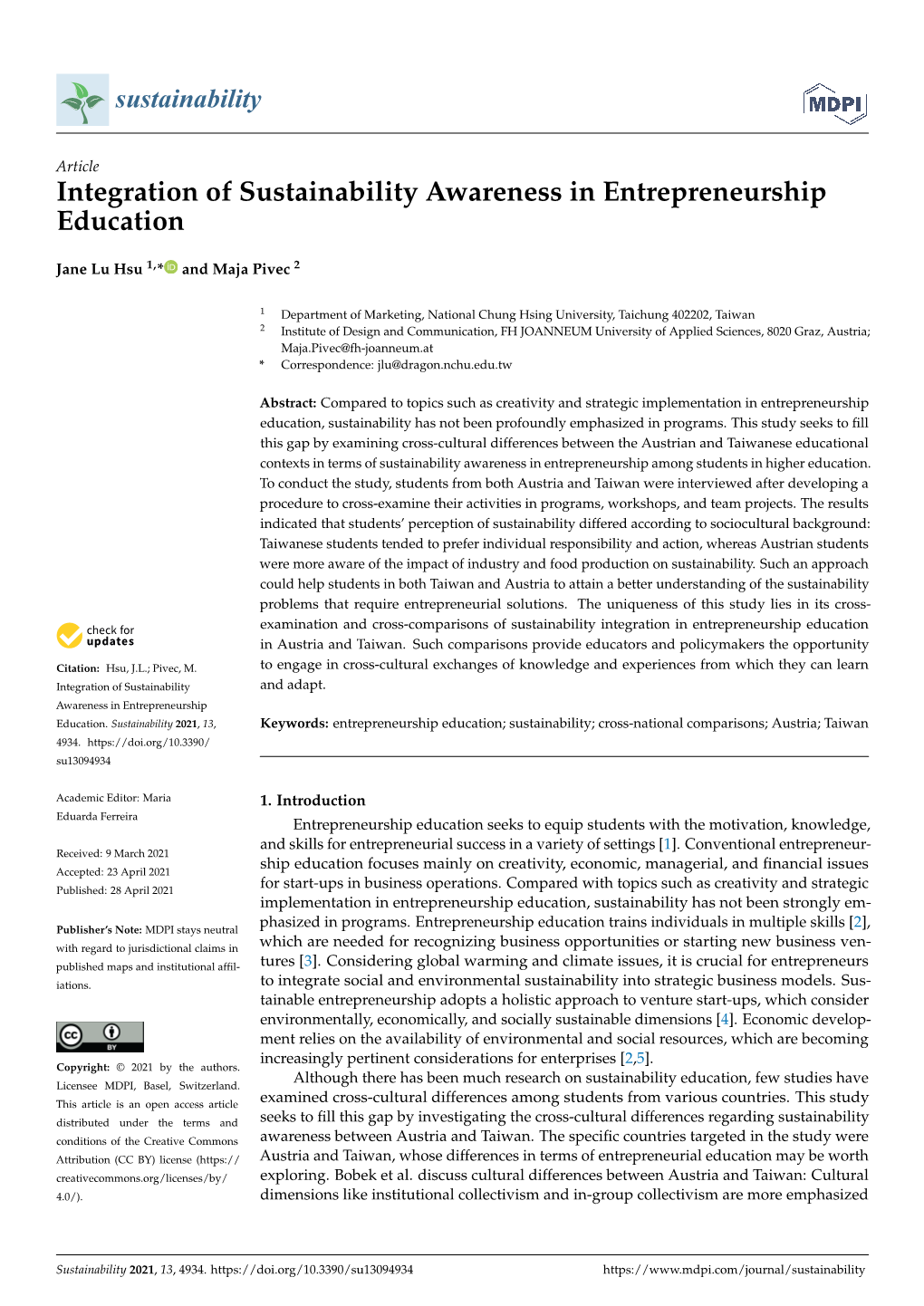 Integration of Sustainability Awareness in Entrepreneurship Education