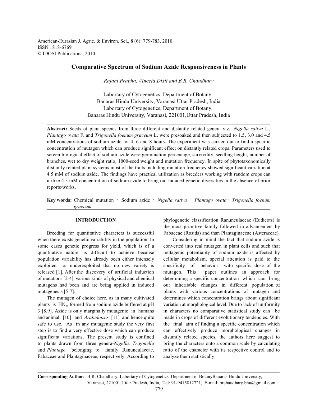 Comparative Spectrum of Sodium Azide Responsiveness in Plants