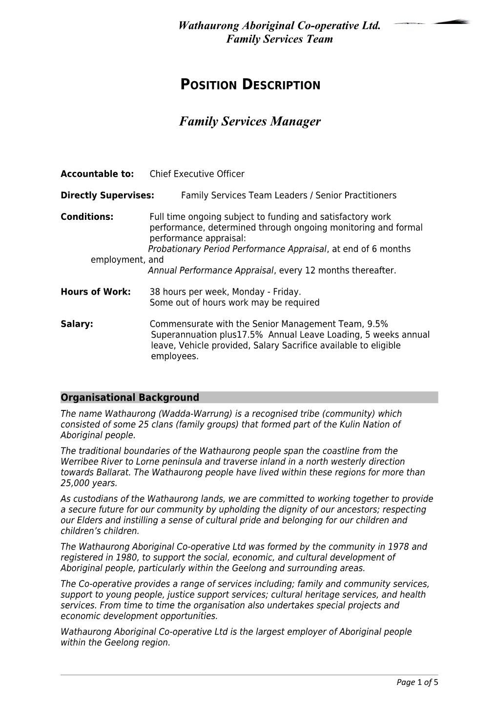 Position Description Family Services Manager