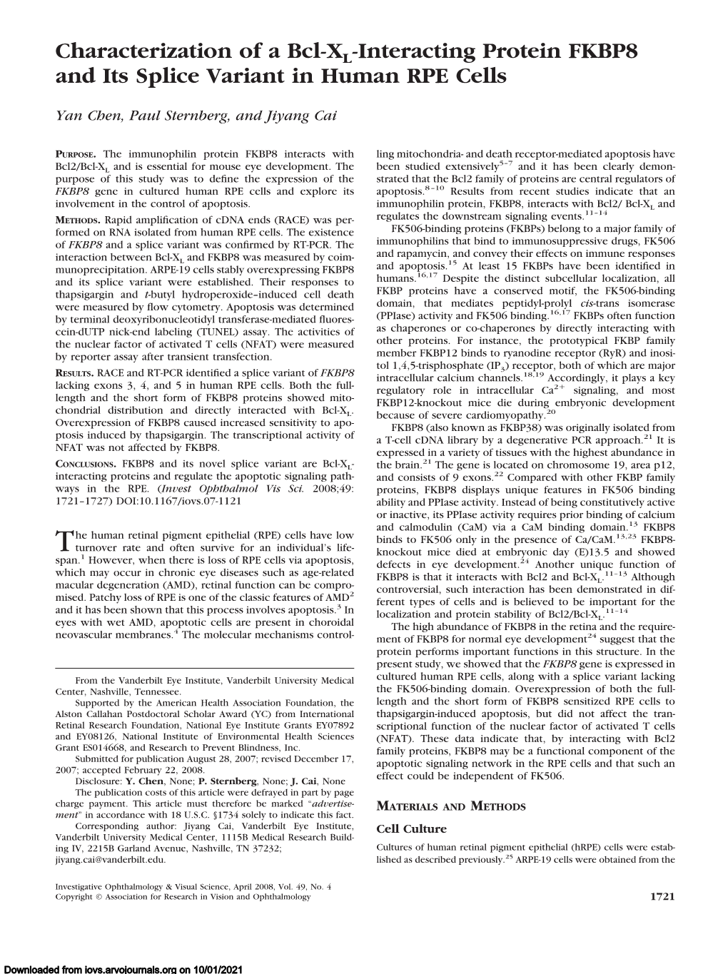 Characterization of a Bcl-XL-Interacting Protein FKBP8 and Its Splice Variant in Human RPE Cells