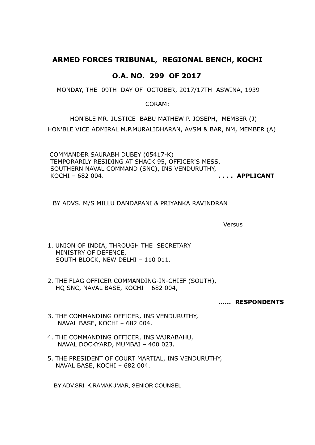 Armed Forces Tribunal, Regional Bench, Kochi O.A