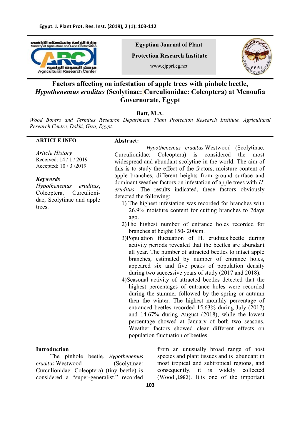 Factors Affecting on Infestation of Apple Trees with Pinhole Beetle, Hypothenemus Eruditus (Scolytinae: Curculionidae: Coleoptera) at Menoufia Governorate, Egypt