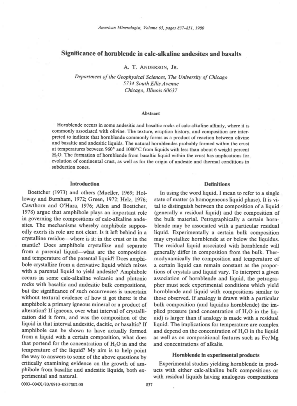 Significance of Hornblende in Calc-Alkaline Andesites and Basalts