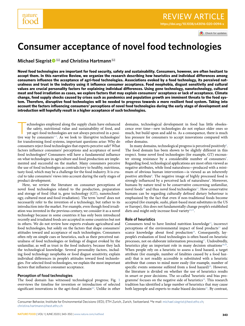 Consumer Acceptance of Novel Food Technologies