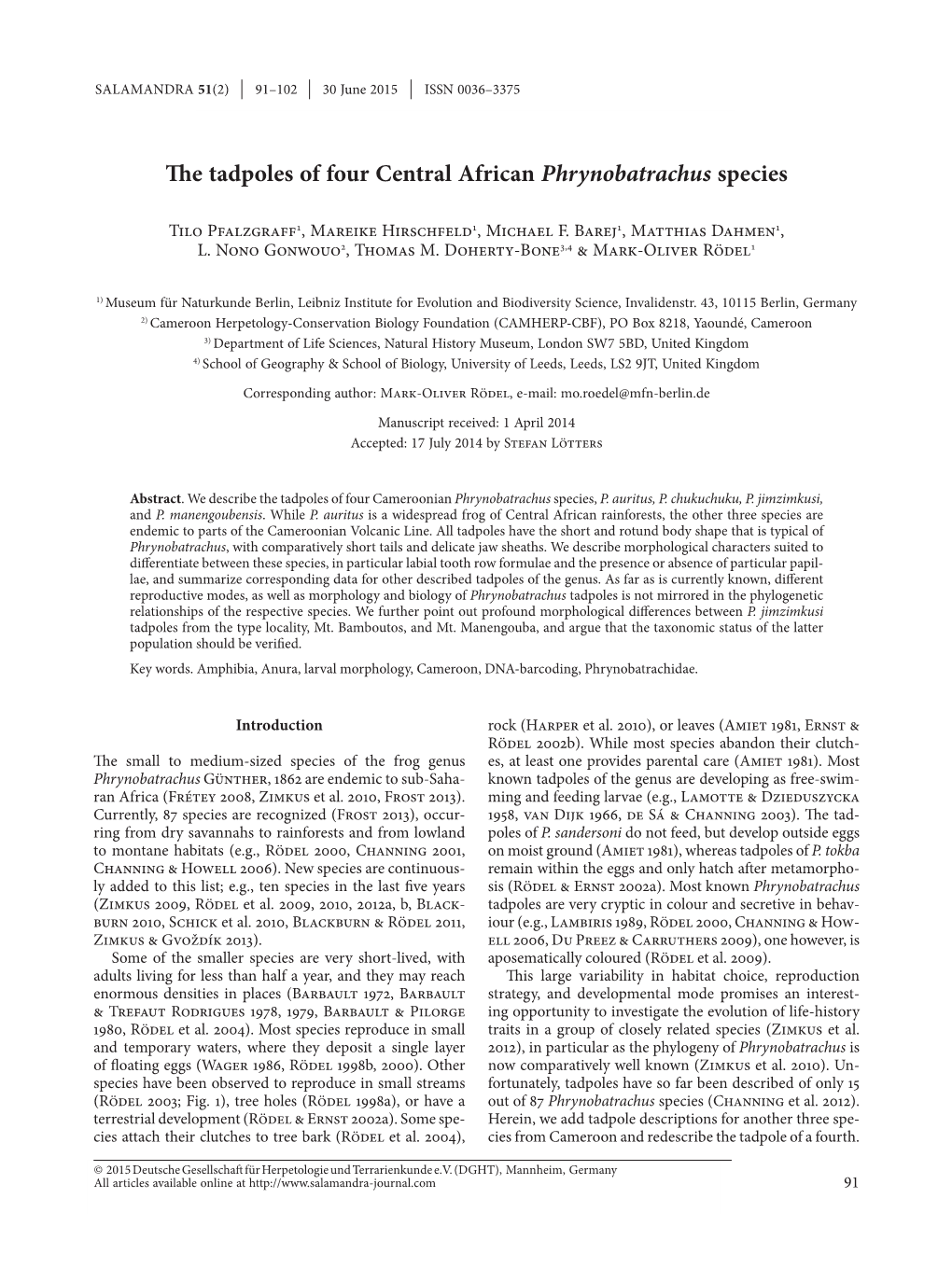 The Tadpoles of Four Central African Phrynobatrachus Species