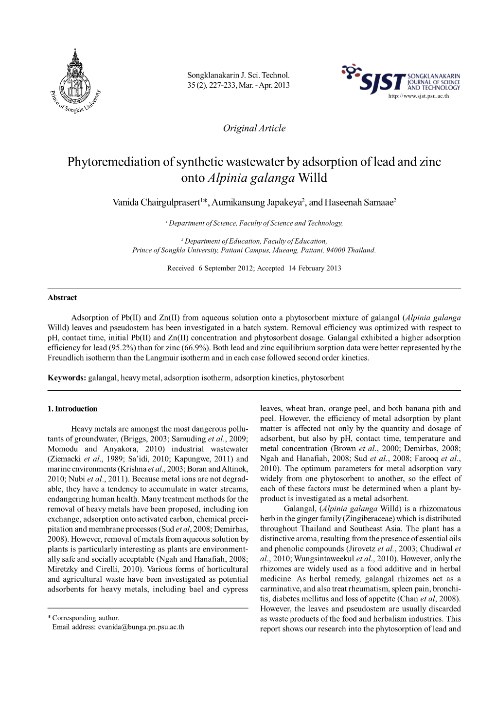 Phytoremediation of Synthetic Wastewater by Adsorption of Lead and Zinc Onto Alpinia Galanga Willd