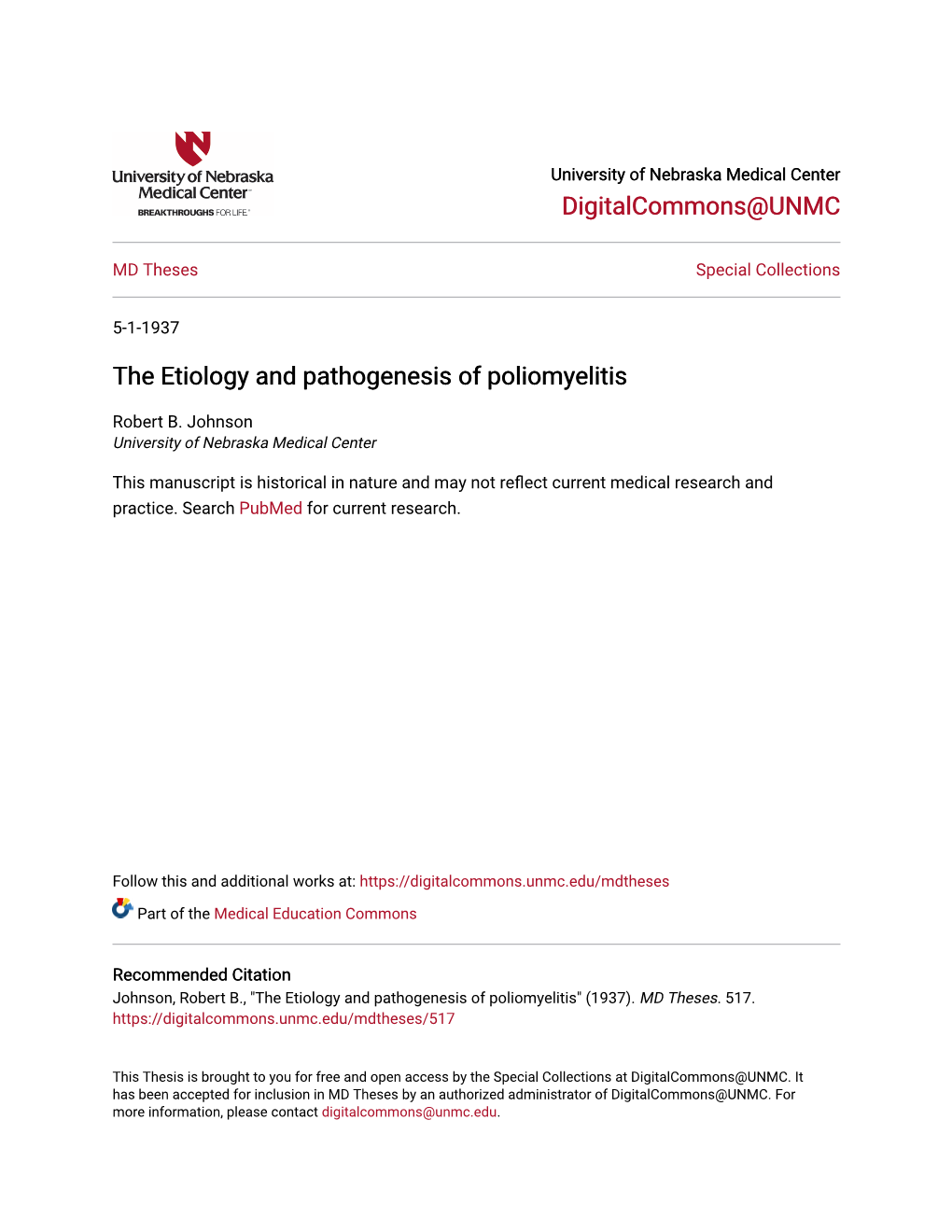 The Etiology and Pathogenesis of Poliomyelitis