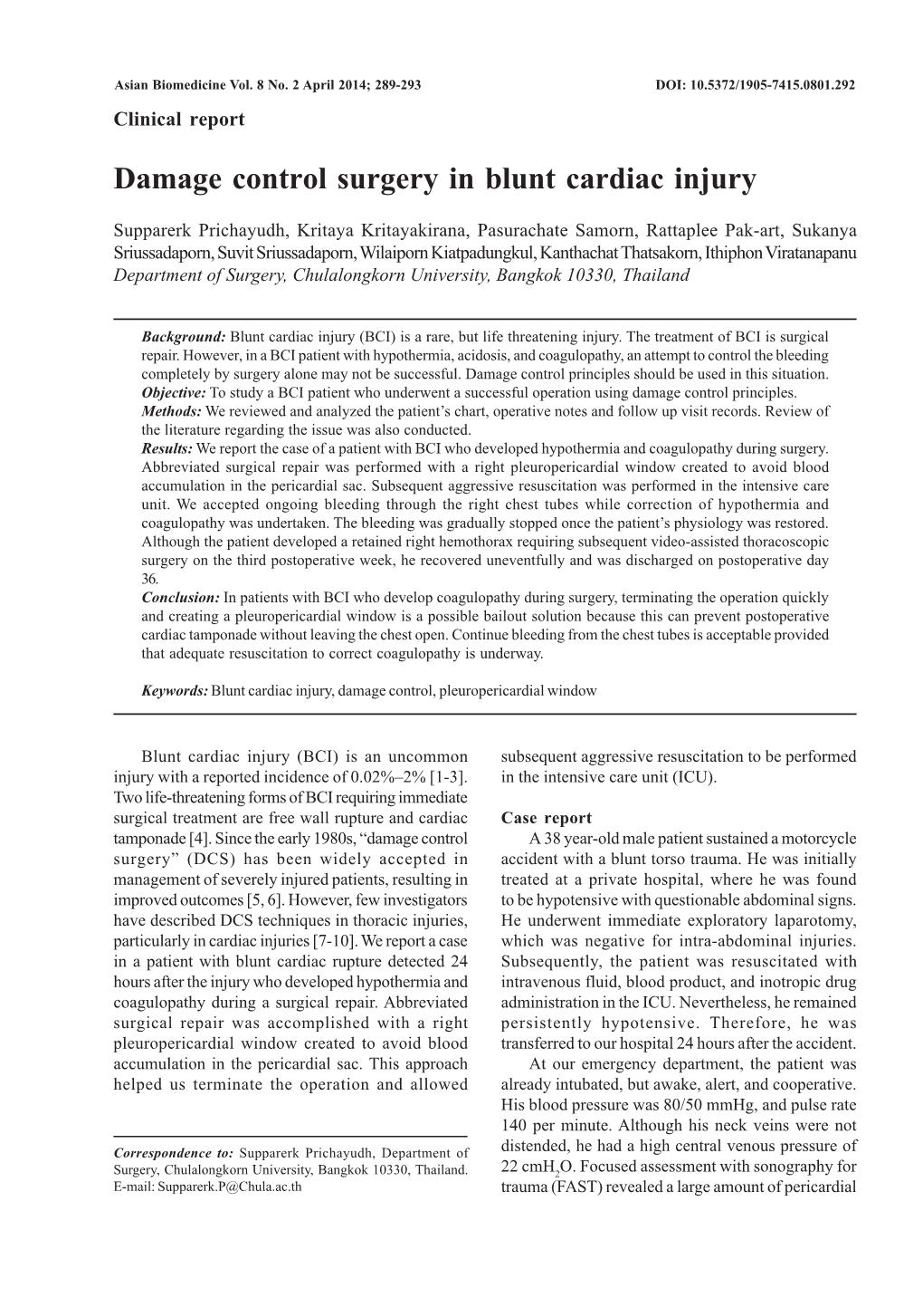 Damage Control Surgery in Blunt Cardiac Injury