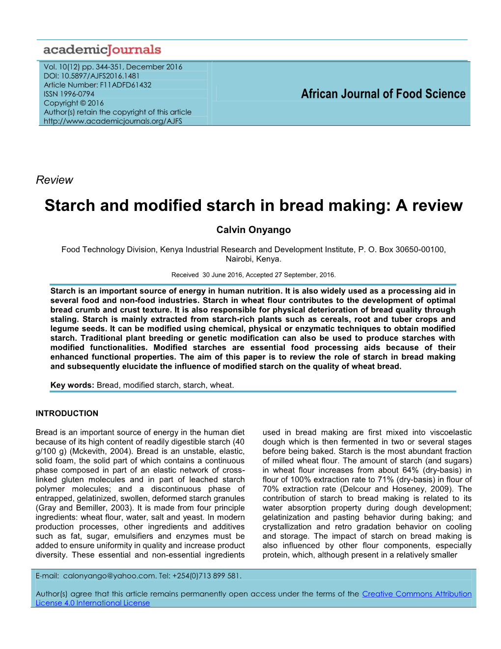 Starch and Modified Starch in Bread Making: a Review