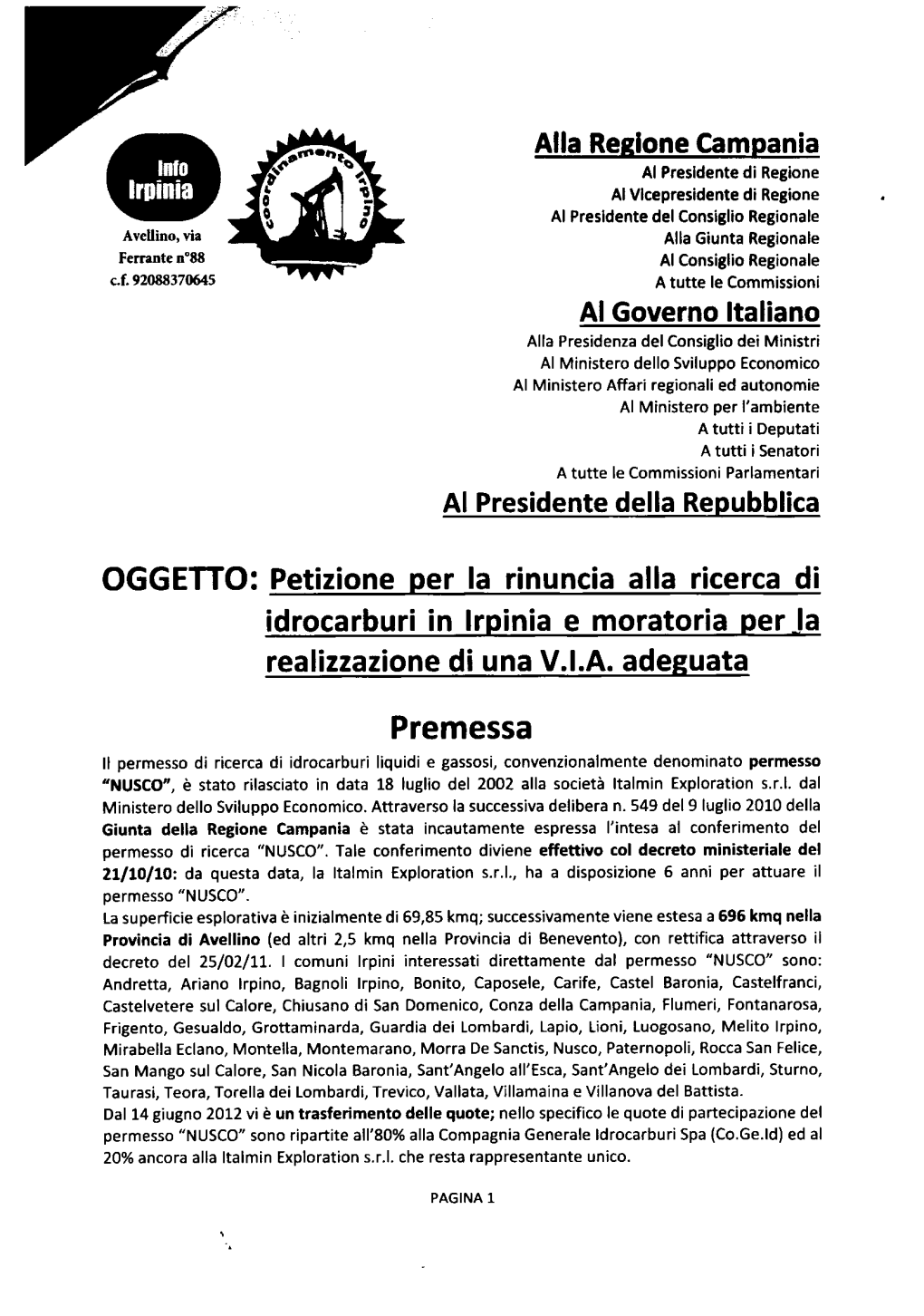 Idrocarburi in Lrpinia E Moratoria Per -La Realizzazione Di Una V.L.A