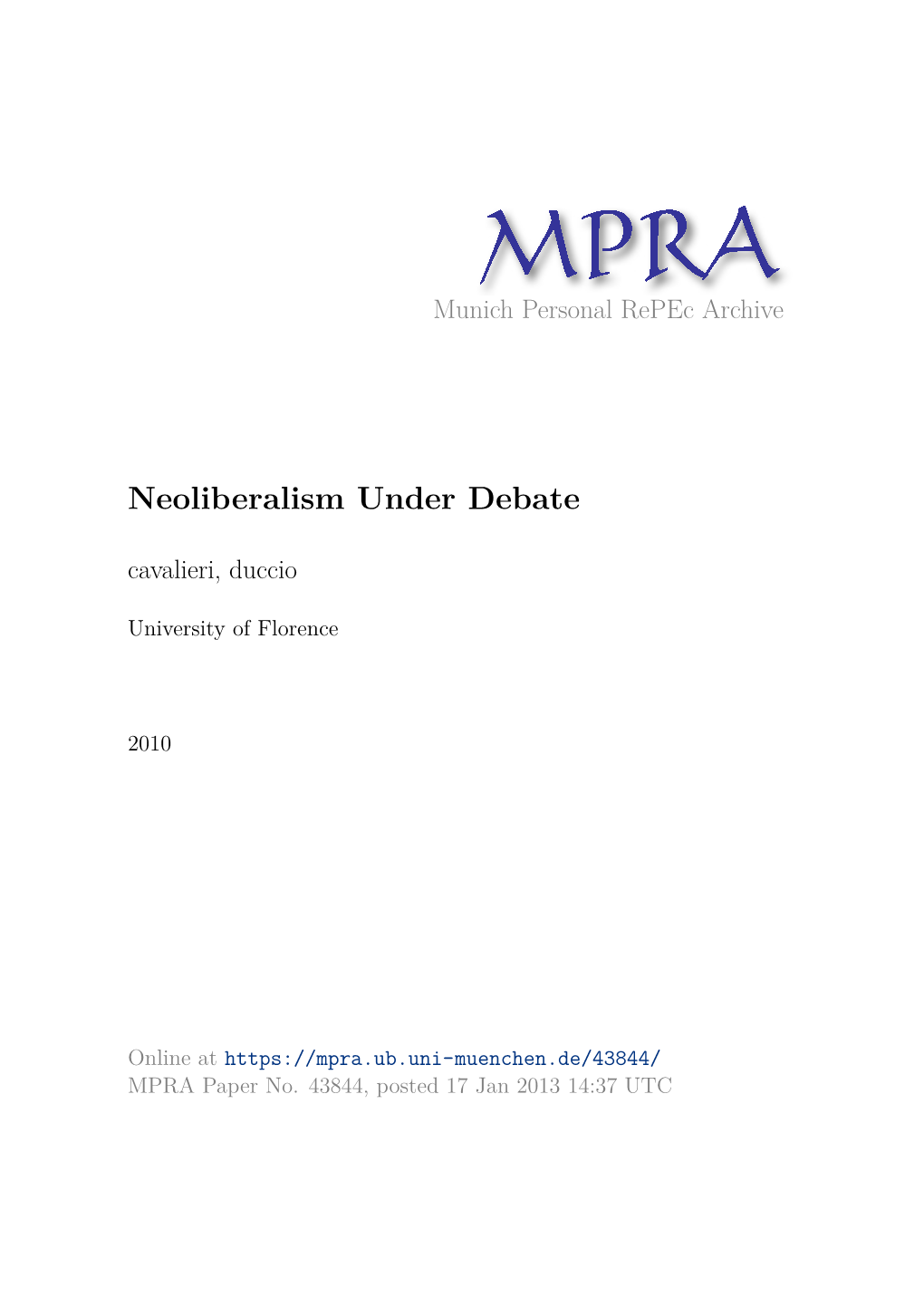 Neoliberalism Under Debate Cavalieri, Duccio