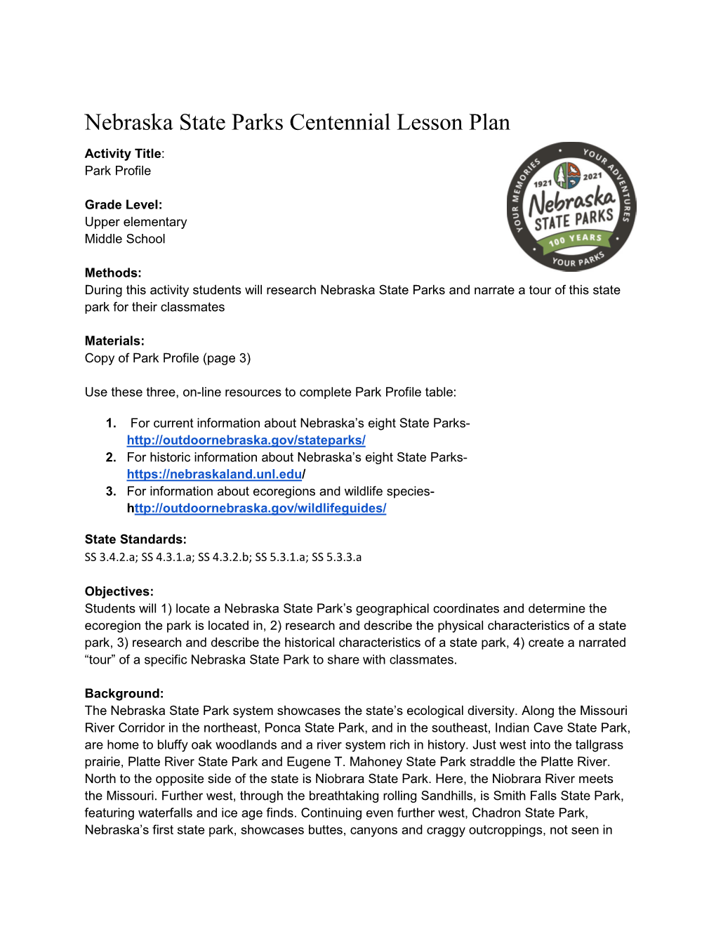 Lesson Plan Activity Title: Park Profile