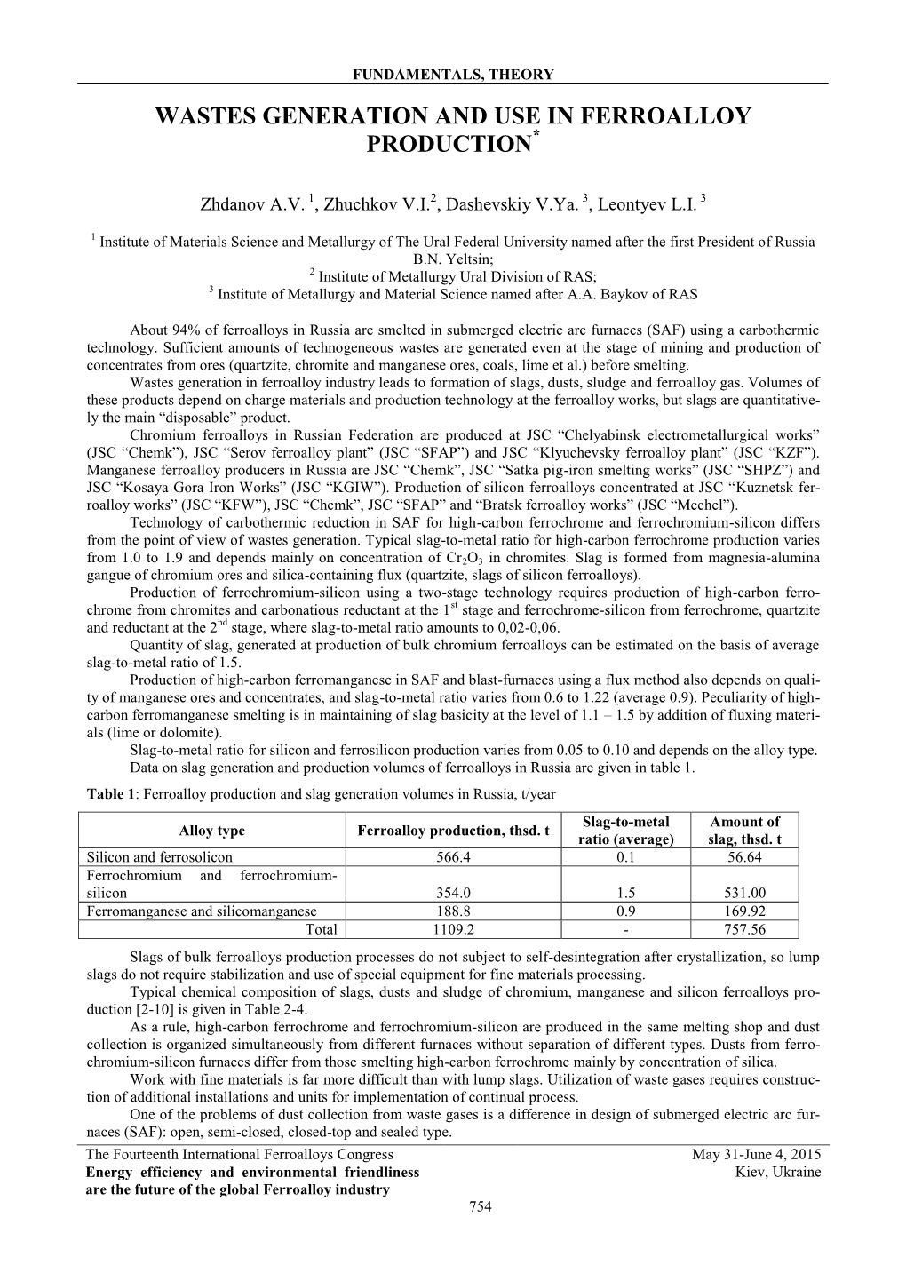 Wastes Generation and Use in Ferroalloy Production*