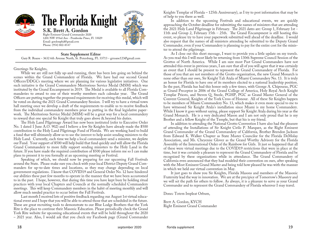 The Florida Knight Approaching the October Deadline for Submitting the Names of Ministers That Are Attending S.K