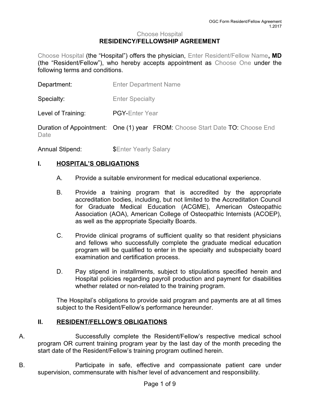 General Residency and Fellowship Agreement