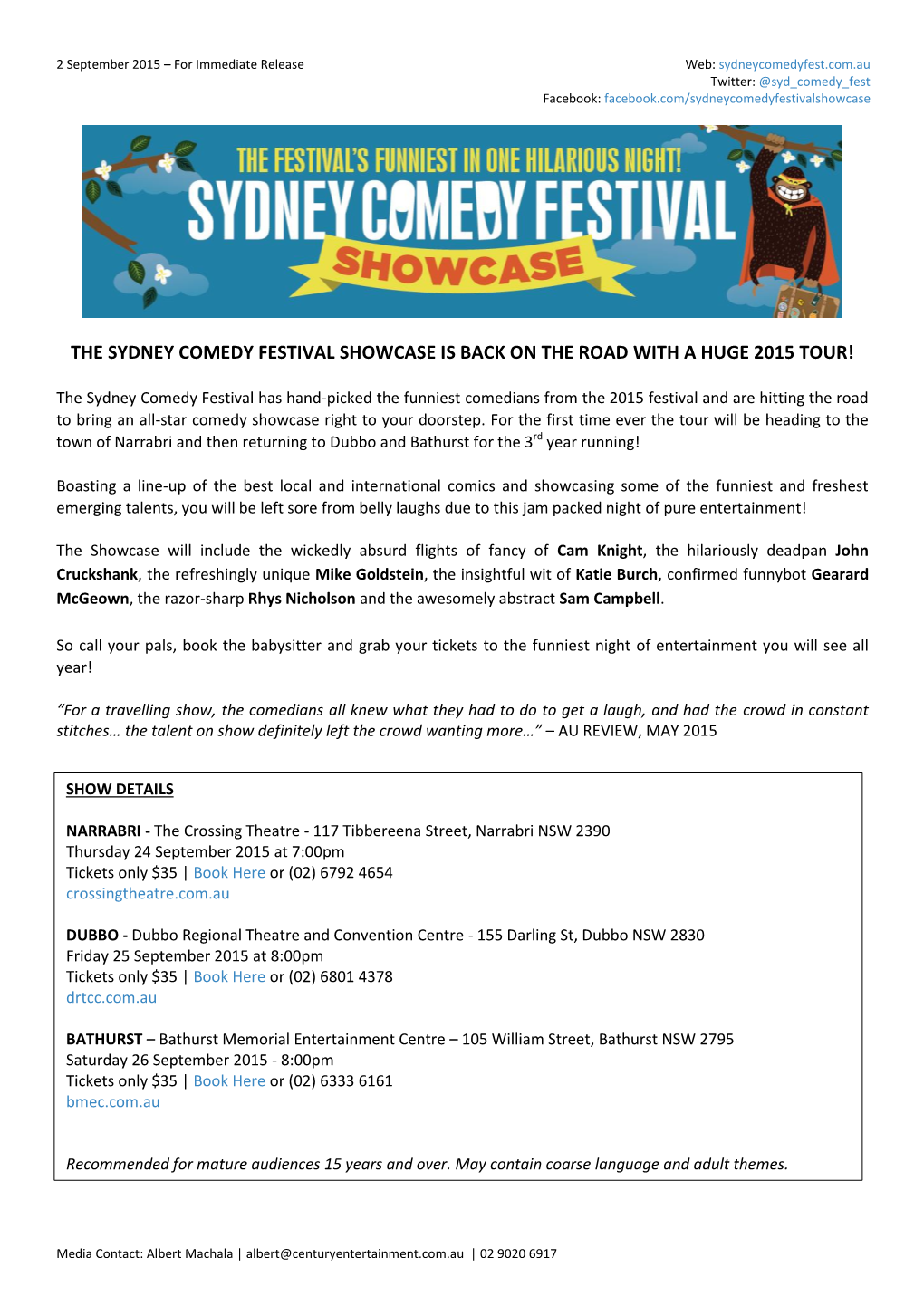 The Sydney Comedy Festival Showcase Is Back on the Road with a Huge 2015 Tour!