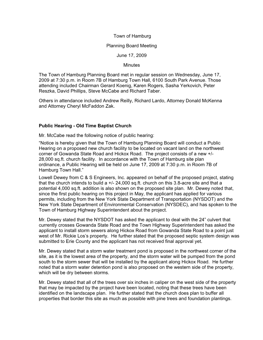 Town of Hamburg Planning Board Meeting June 17, 2009 Minutes The