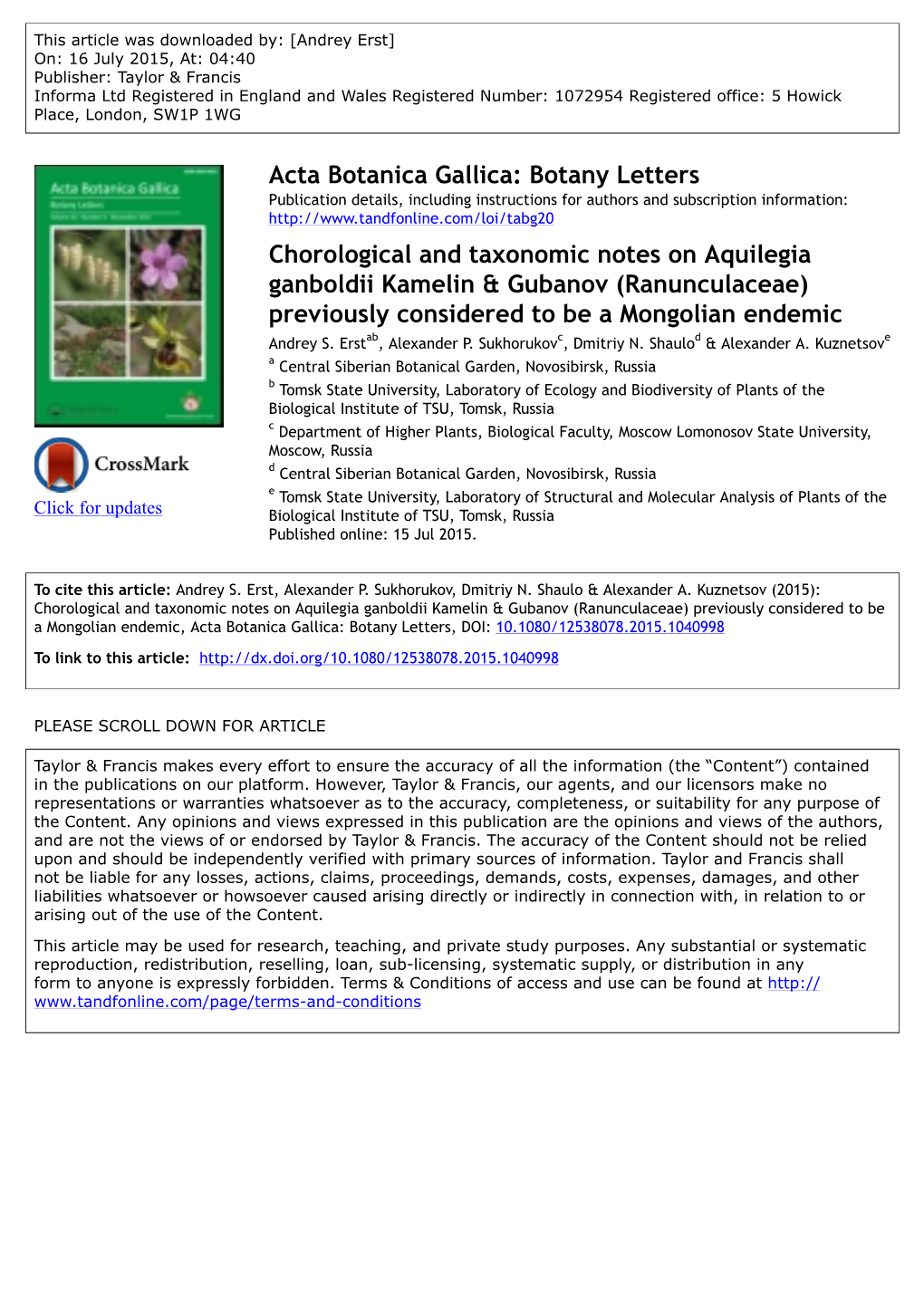 Chorological and Taxonomic Notes on Aquilegia Ganboldii Kamelin & Gubanov (Ranunculaceae) Previously Considered to Be a Mongolian Endemic Andrey S